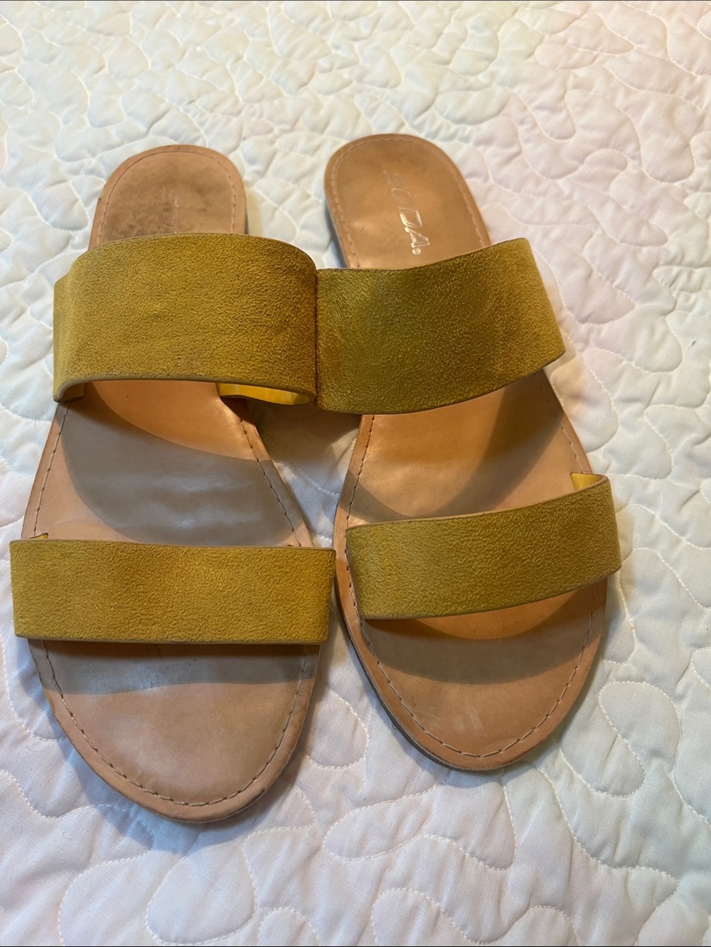 Soda Mustard Double-Strap Suede Slide Sandals